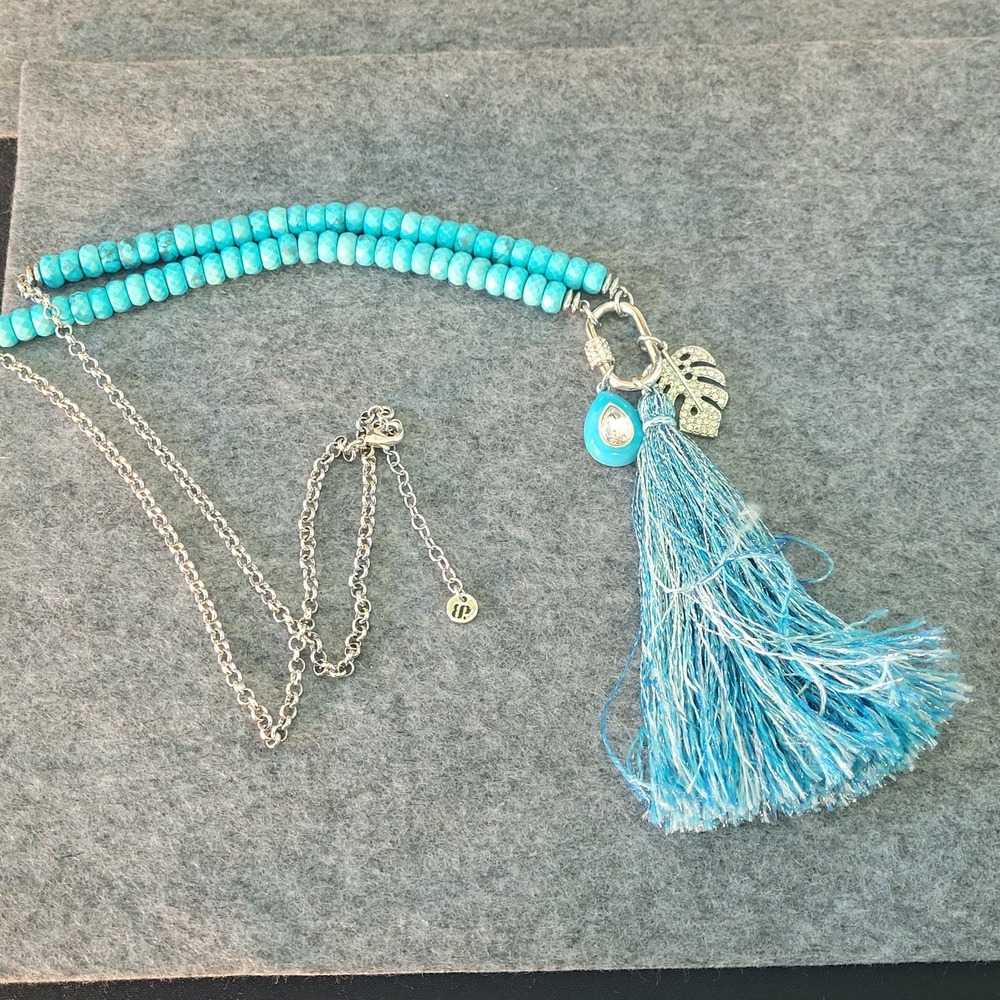 Bomb Party Turquoise Color Bead Blue Tassel Long Statement Necklace 30" Boho
